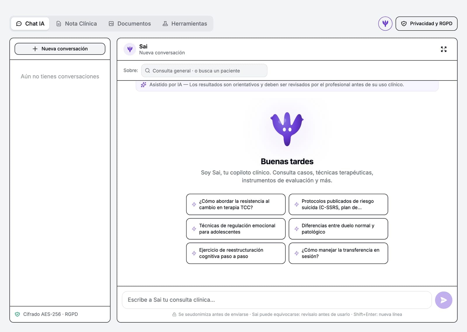 Sai, el asistente de IA de Psicofactu, en el panel del Asistente IA, con el aviso «Asistido por IA» y el pie «Se seudonimiza antes de enviarse» (datos de demostración)