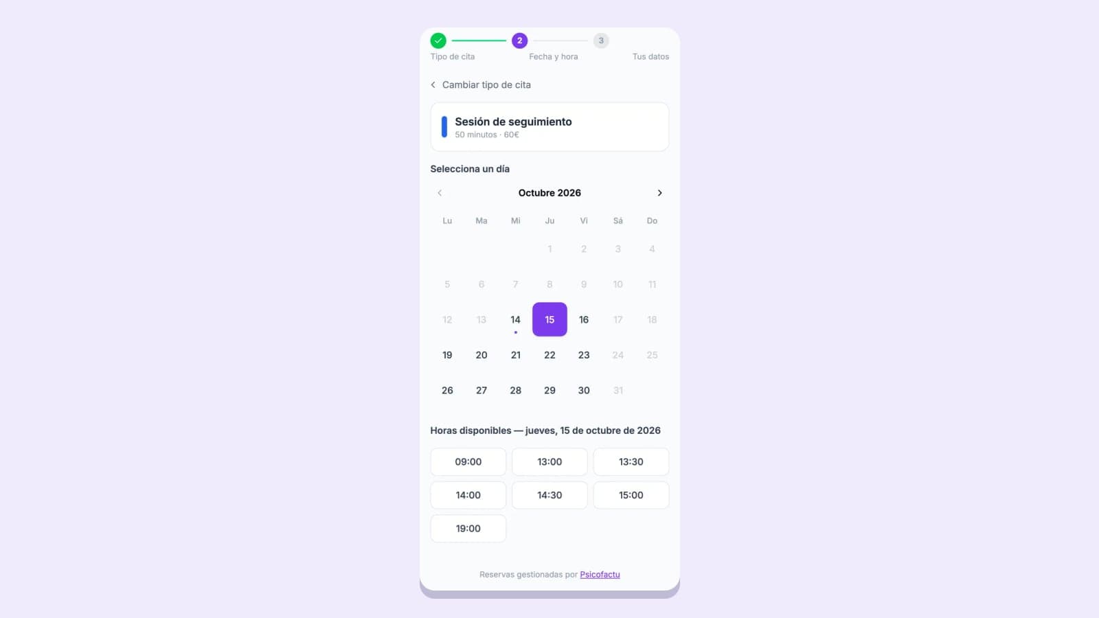 Página de reservas online de Psicofactu en el móvil: calendario de octubre con un día elegido y las horas libres de una sesión de seguimiento (datos de demostración)