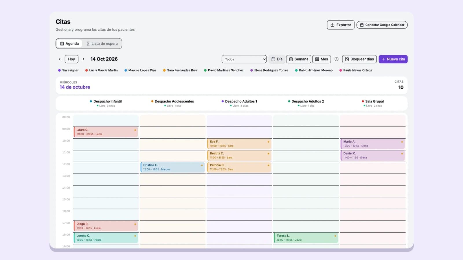 Agenda de un centro de psicología en Psicofactu con cinco despachos y varios profesionales con sus citas en colores distintos (datos de demostración)