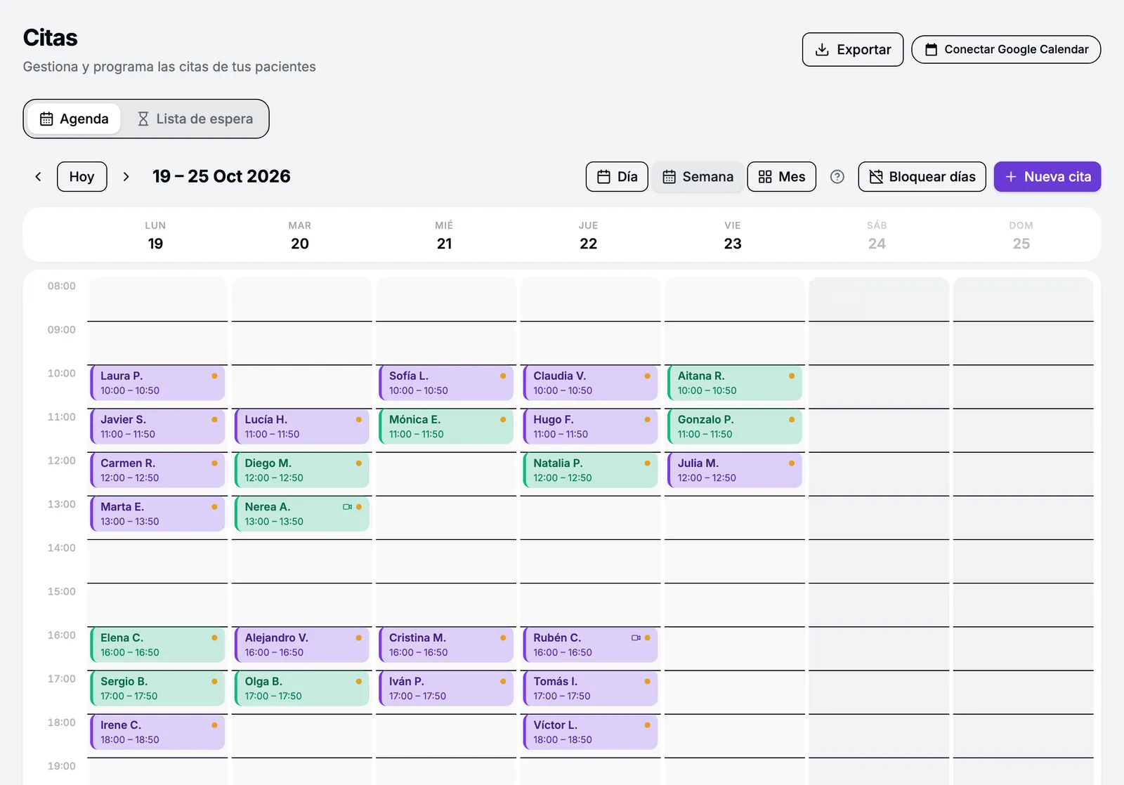 Agenda semanal de Psicofactu con las citas de cada paciente por día y hora, el botón de nueva cita y las vistas de día, semana y mes