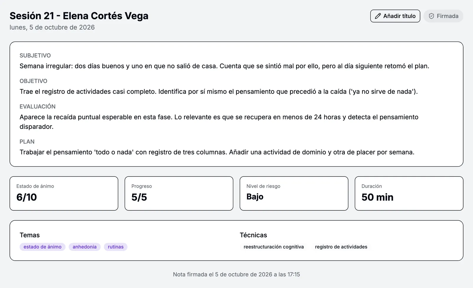 Nota clínica en formato SOAP en Psicofactu, con los apartados subjetivo, objetivo, evaluación y plan de una sesión