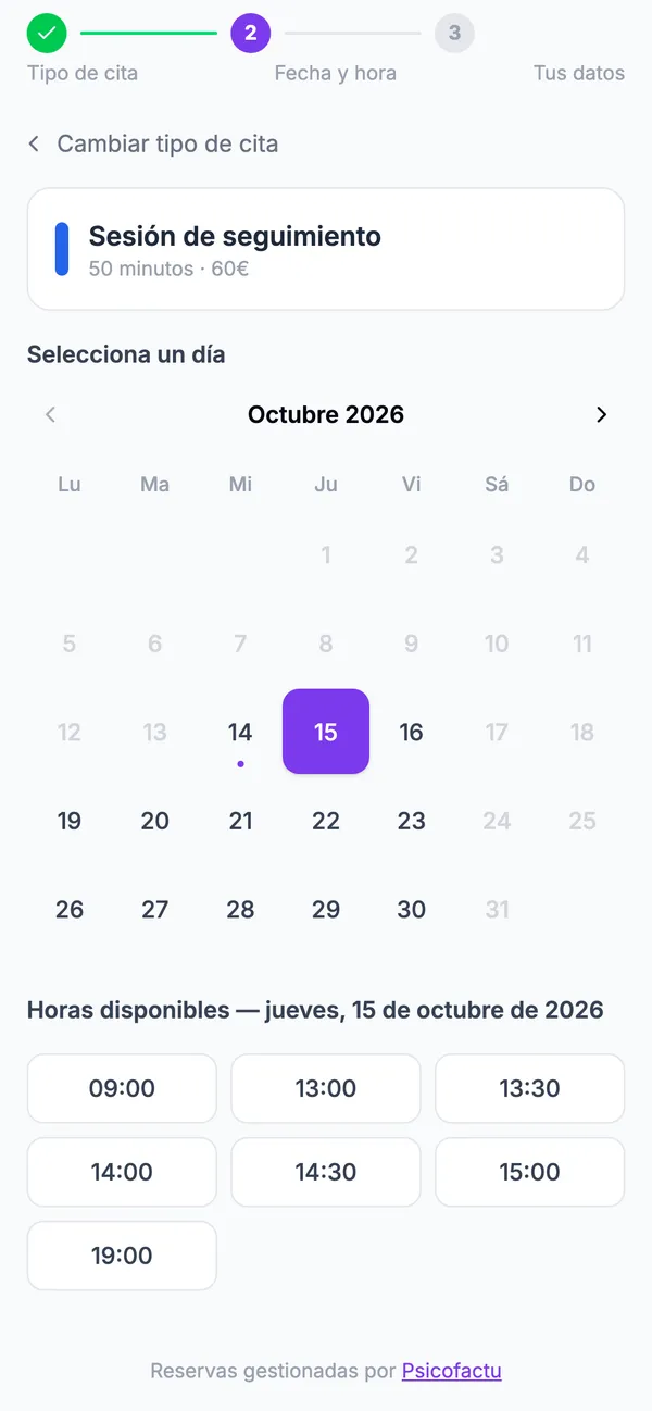 Página pública de reservas de un psicólogo en Psicofactu vista en el móvil, con el servicio elegido, el calendario del mes y las horas libres de un día